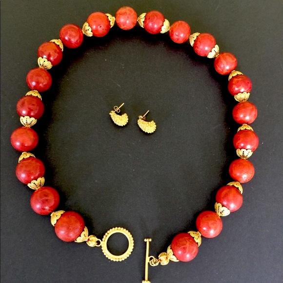 Large size red real Coral balls Necklace & Gold tone real silver Earrings 3 Pc - Picture 4 of 16